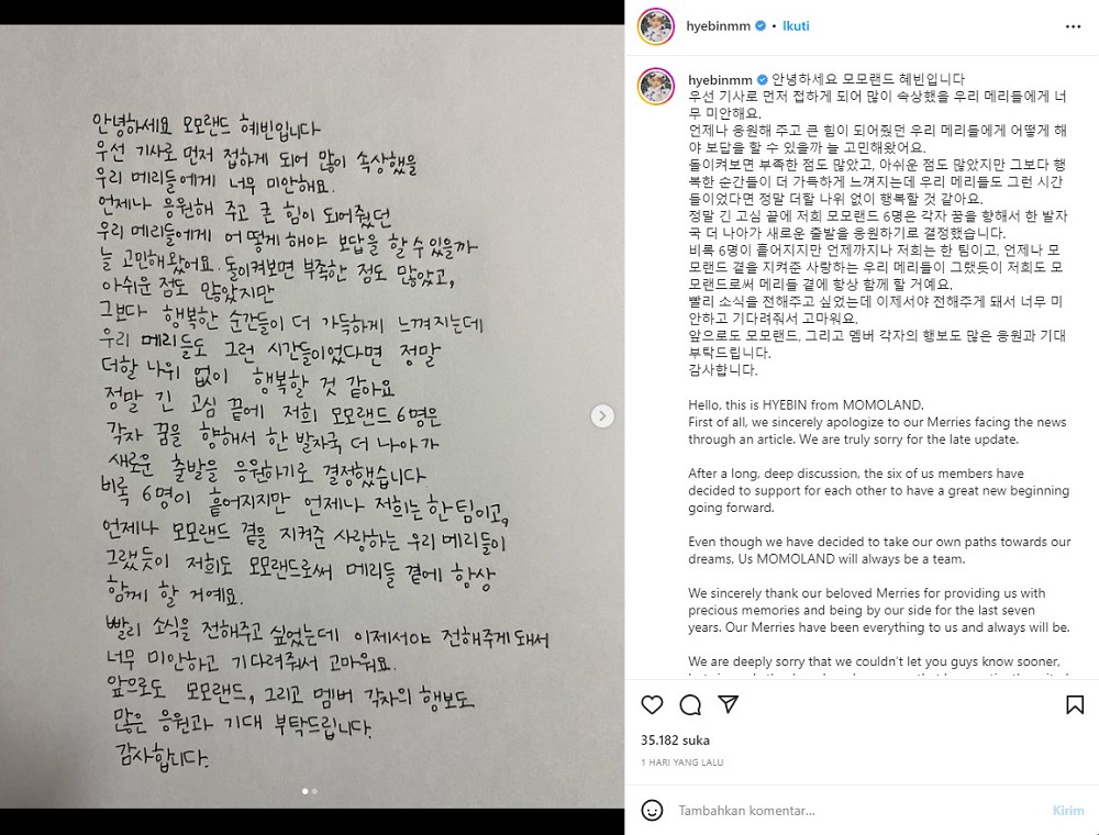 Permohonan Maaf Hyebin Member MOMOLAND di Instagram